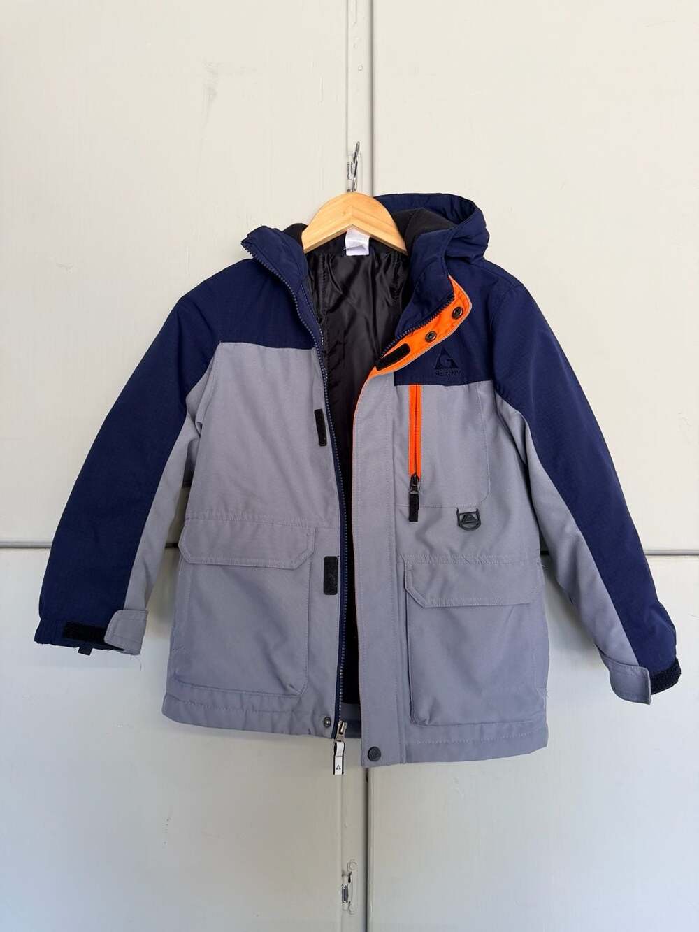 Gerry Boys Colorblock Winter Hooded Puffer Jacket Gray Navy Blue Size S 7/8